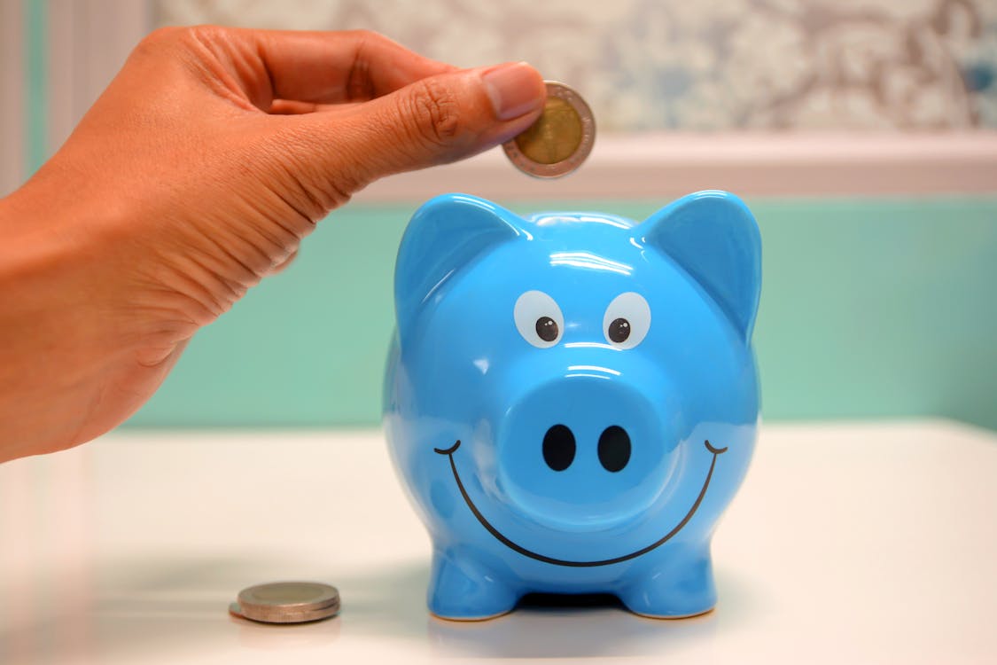 Saving money with a piggy bank and coins